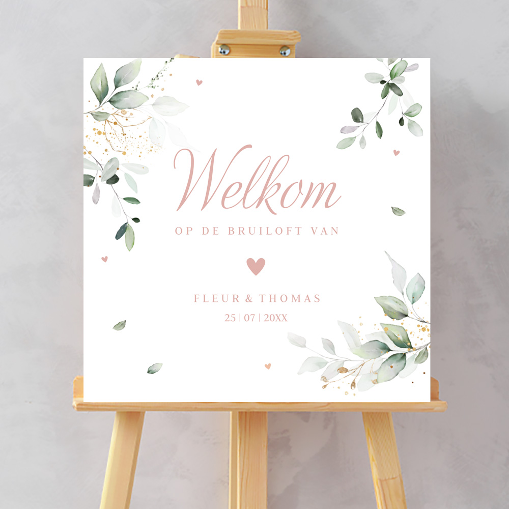 Bruiloftsbord botanisch groen bladeren watercolour welkom