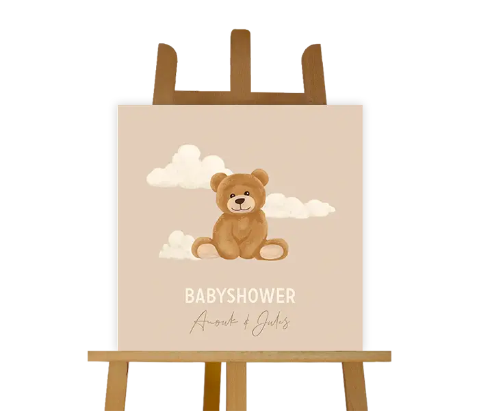 Welkomstbord babyshower met beertje en wolkjes