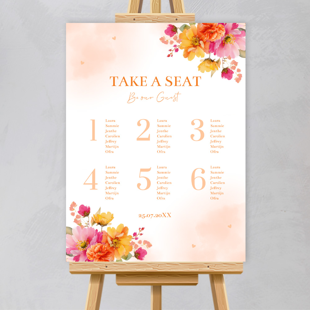 Tafelschikking bord bruiloft bloemen oranje roze