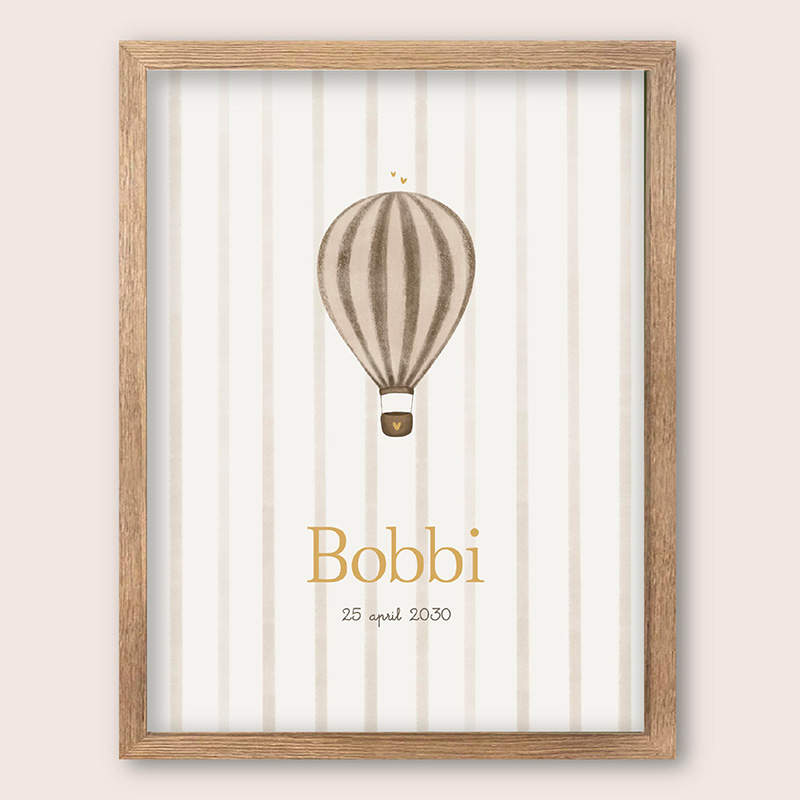 Geboorteposter met luchtballon in beige strepen en naam