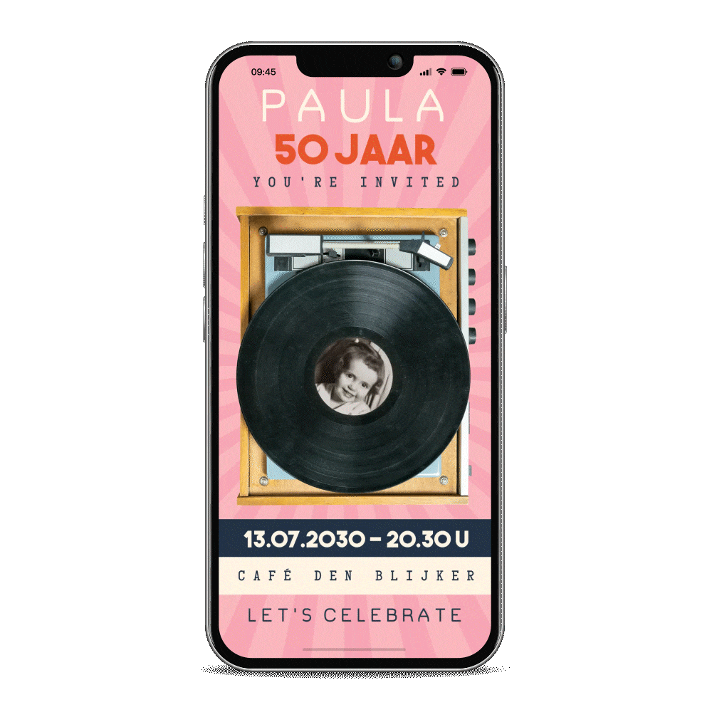 Bewegende digitale uitnodiging verjaardag 50 jaar met platenspeler
