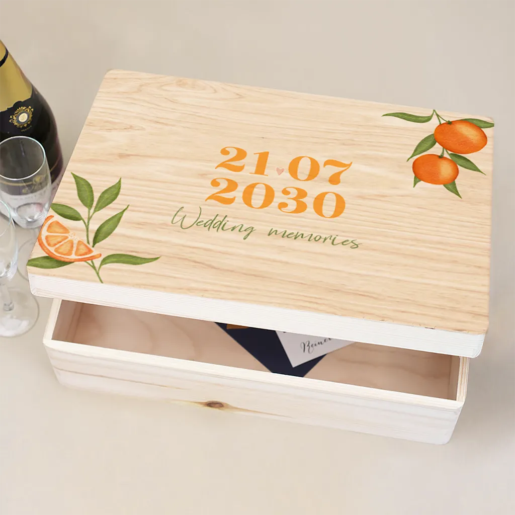 Erinnerungskiste Hochzeit mit Orangenzweigen und sommerlichen Farben