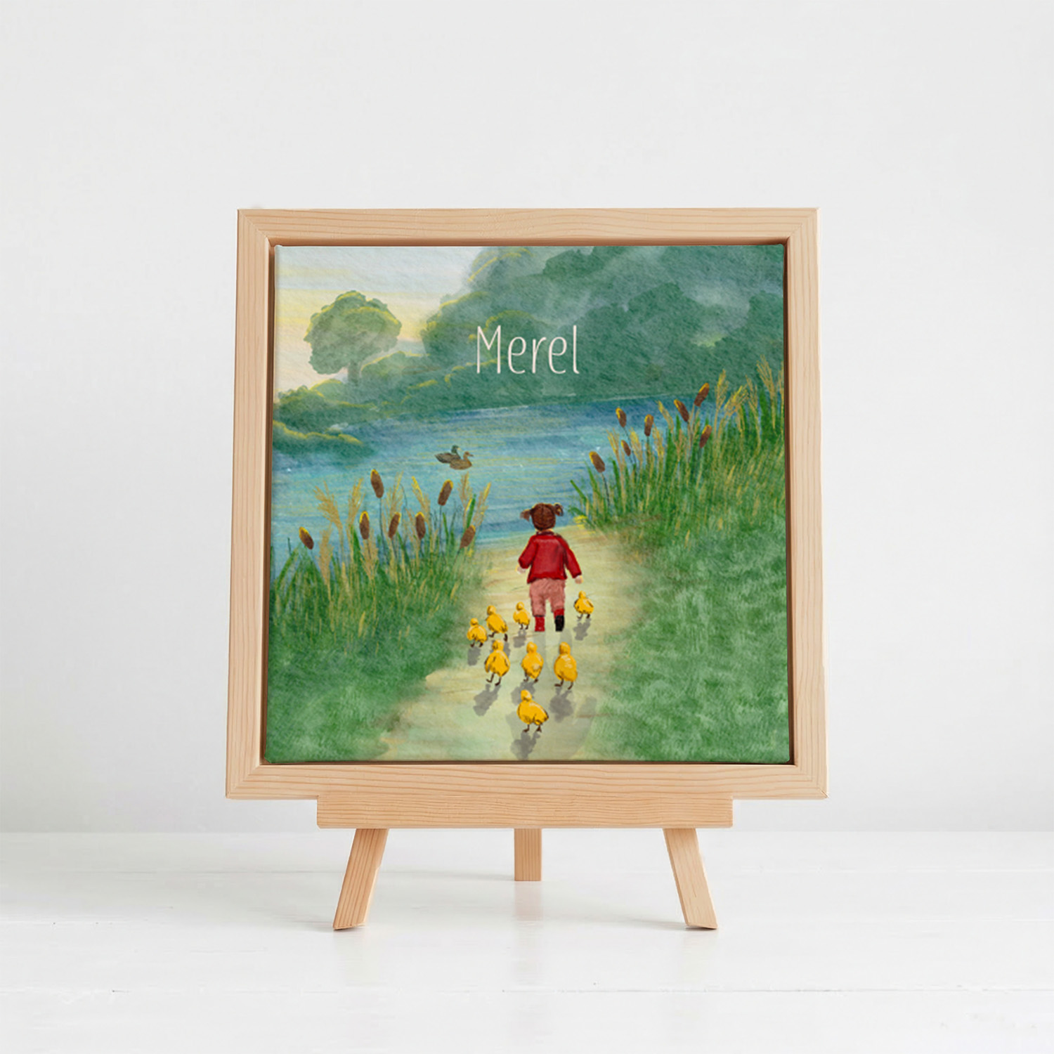 Geboortetegel van keramiek met portret van een meisje en eendjes
