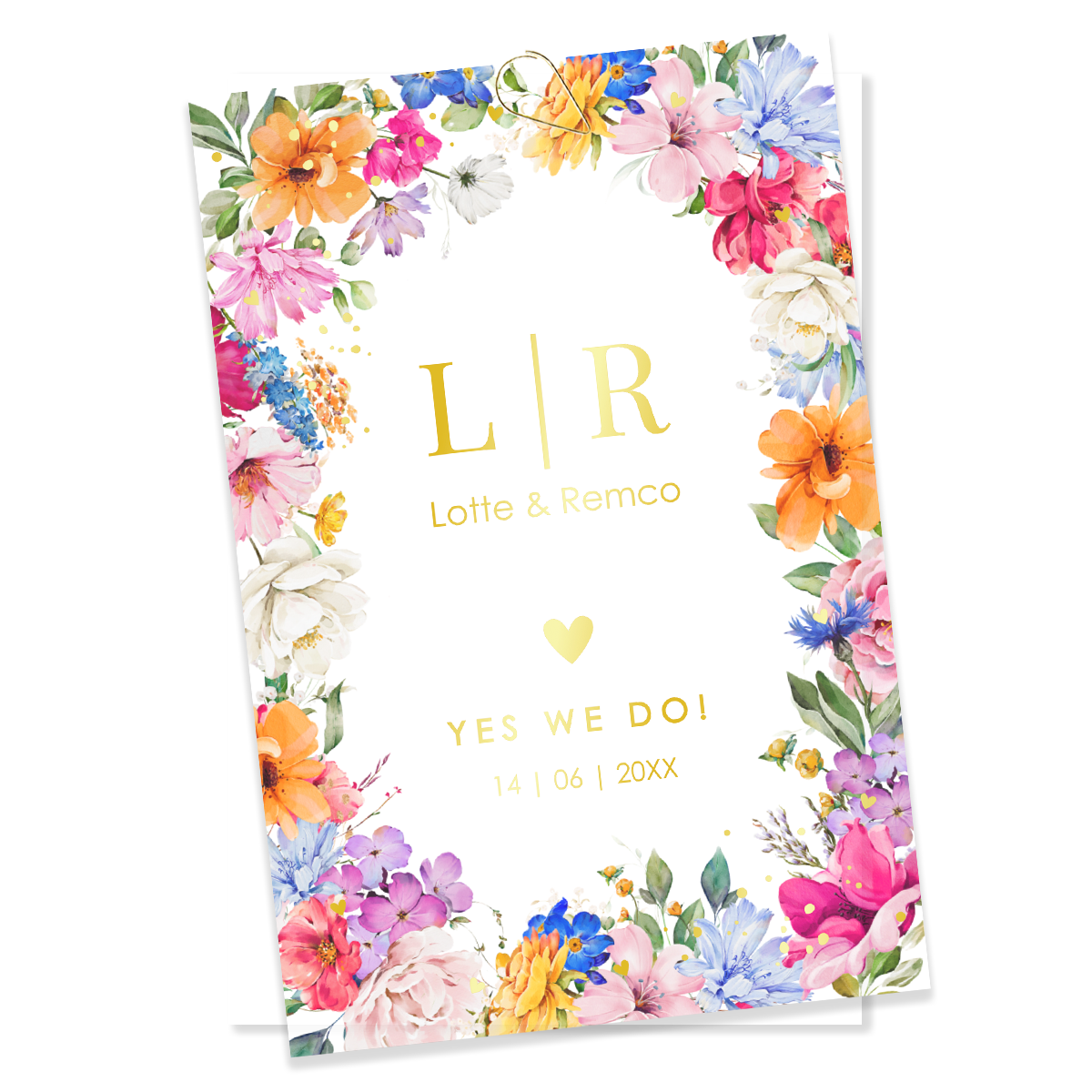 Trouwkaart kalkpapier kleurrijke bloemenkrans goudfolie (set 2 kaarten)