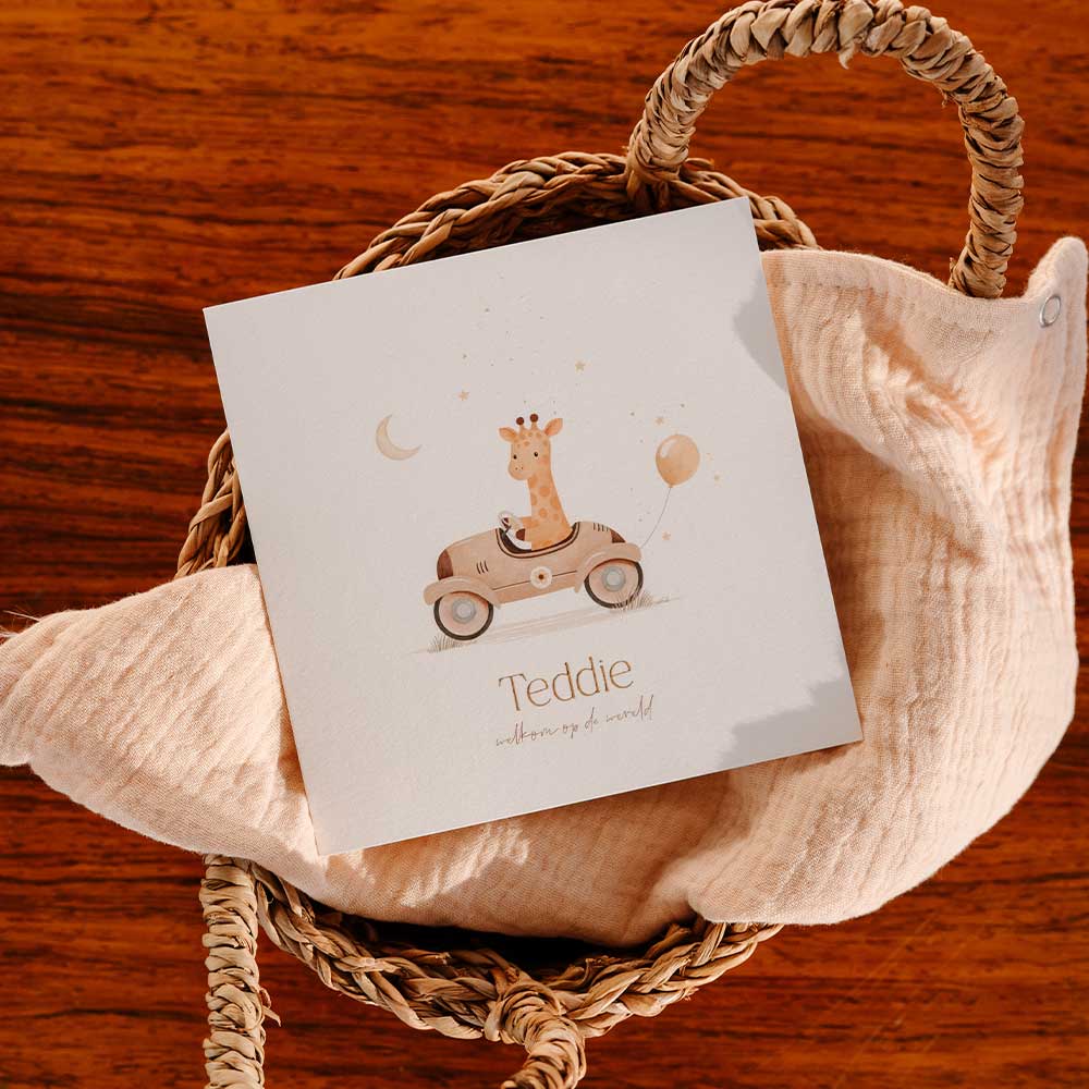 Geboortekaartje met een giraf in een autootje met ballon