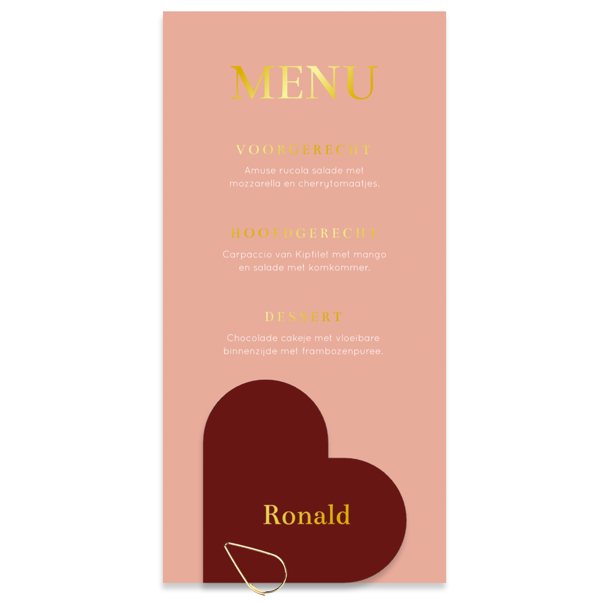 Menukaart huwelijk langwerpig roze modern goudfolie