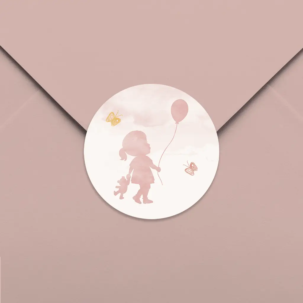 Roze sluitsticker met silhouet van meisje met een ballon - per 25 stuks