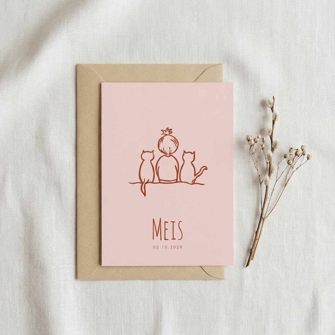 Geboortekaartje lijntekening meisje twee katten