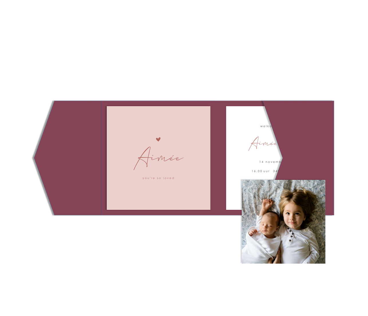 Pocketfold geboortekaartje roze met hartje voor meisje