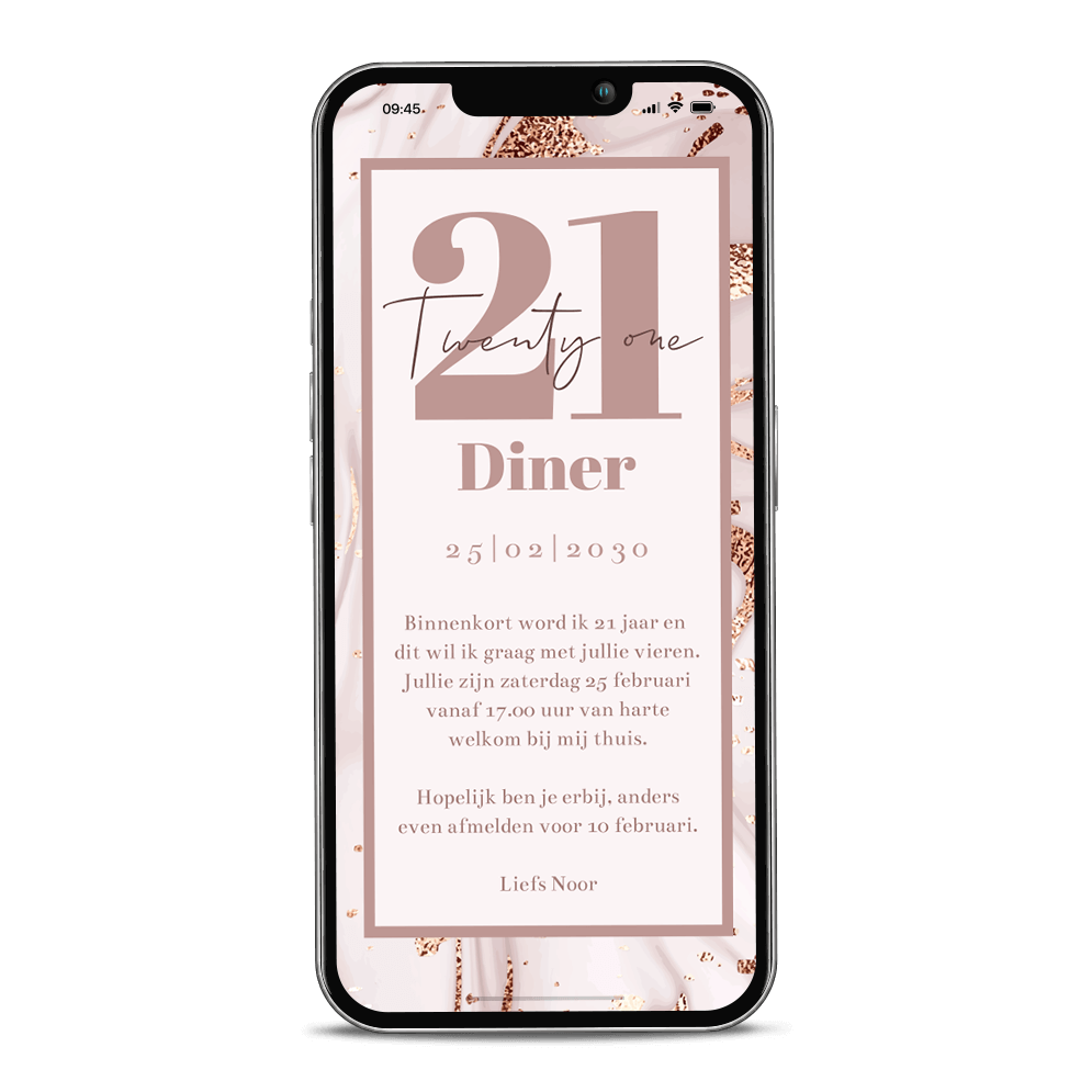 Digitale uitnodiging 21 diner party met marmerlook