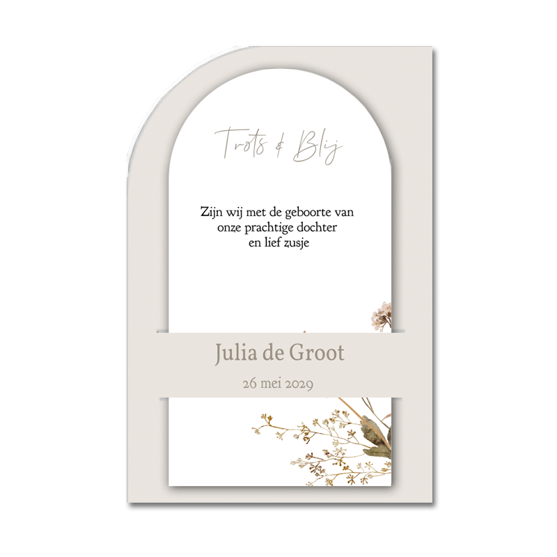 Geboortekaartje insteek nude met droogbloemen en foto