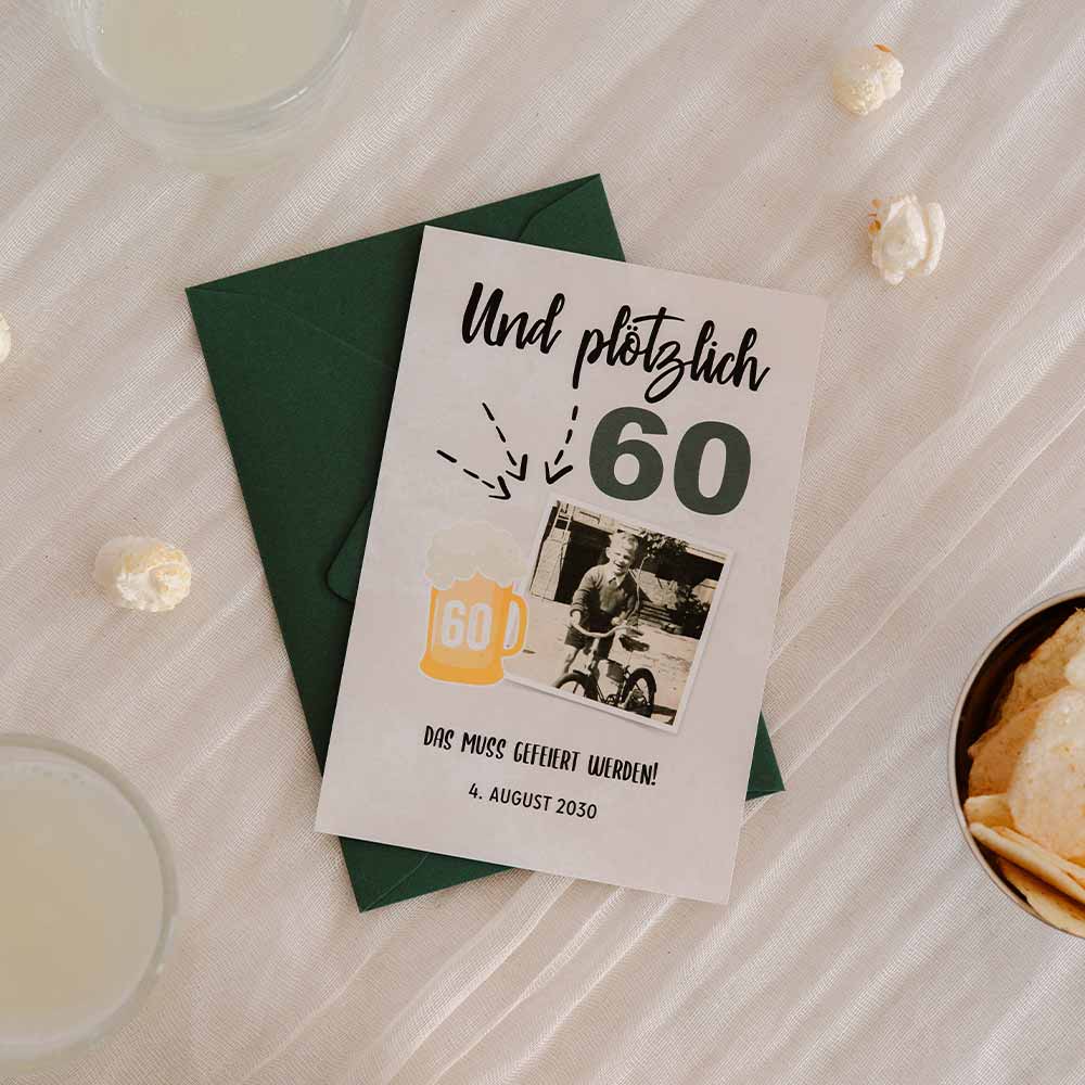 60 Geburtstagseinladung mit Bierglas und Foto