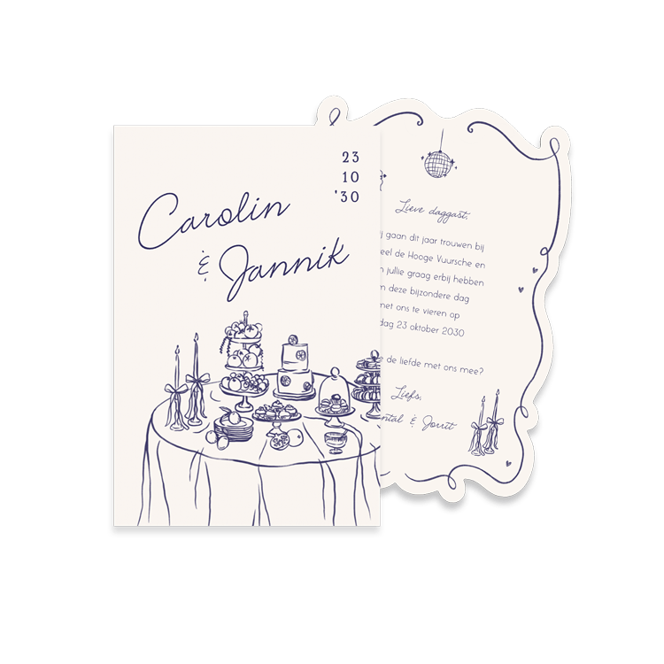 Stilvolle Hochzeitskarte mit handgezeichneten Illustrationen