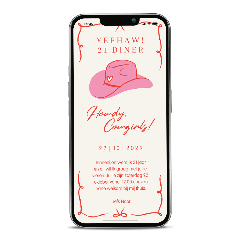 Digitale uitnodiging verjaardag 21 diner party met cowboyhoed