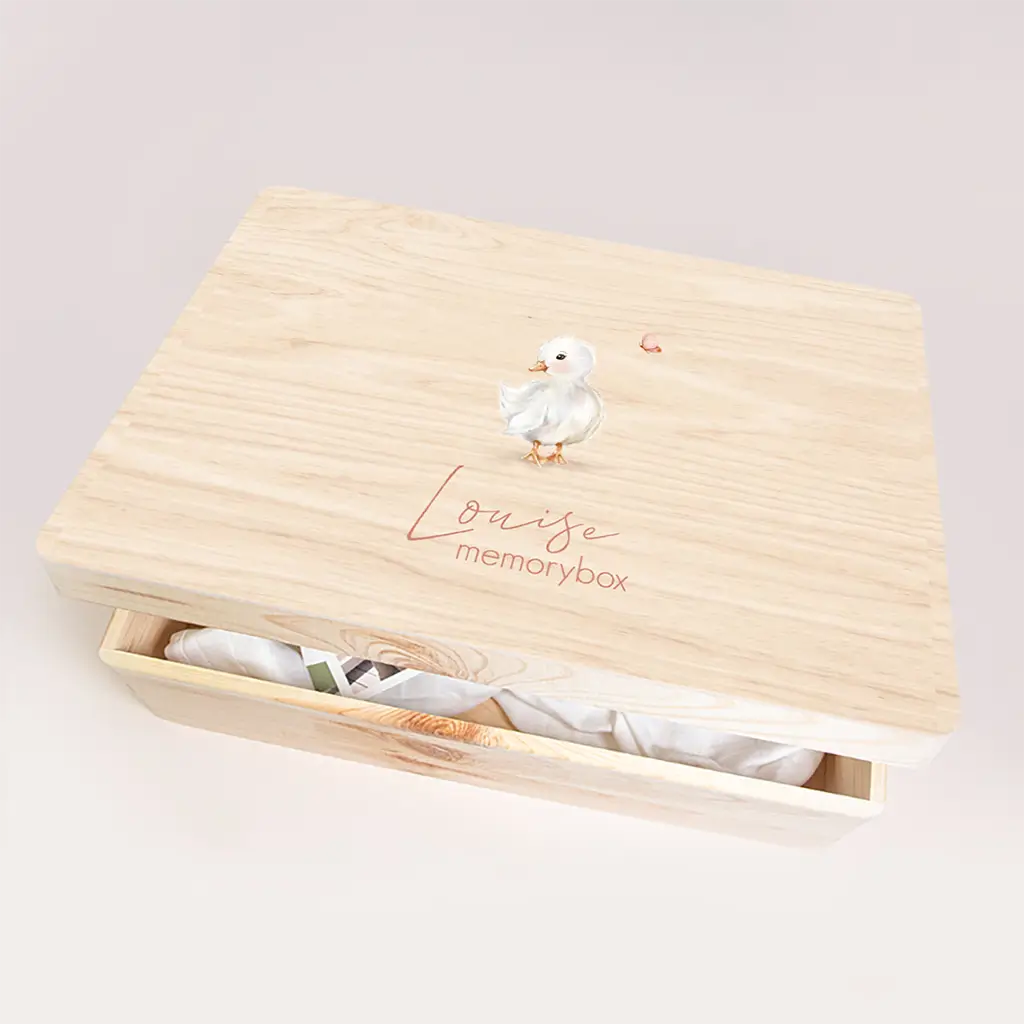 Memorybox met eendje en roze vlinder