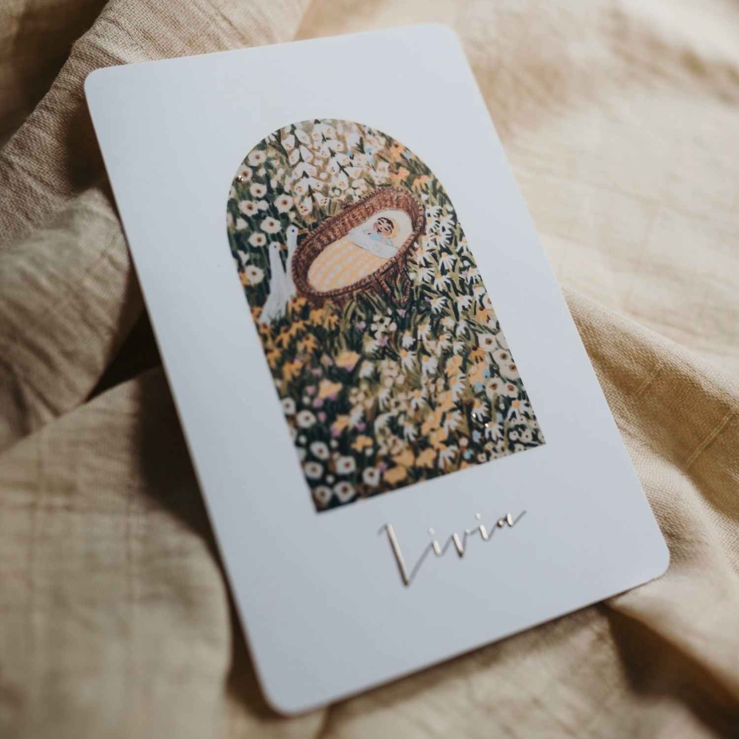 Geboortekaartje meisje met wiegje en bloemen Willemine