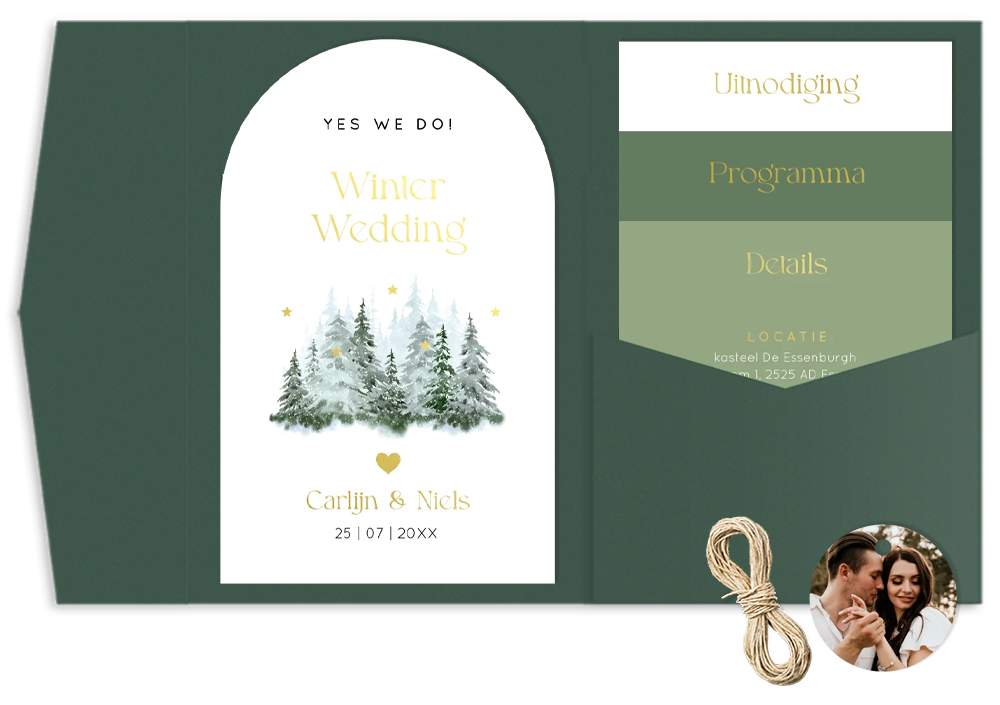 Pocketfold trouwkaart kerst winter wedding groen goudfolie