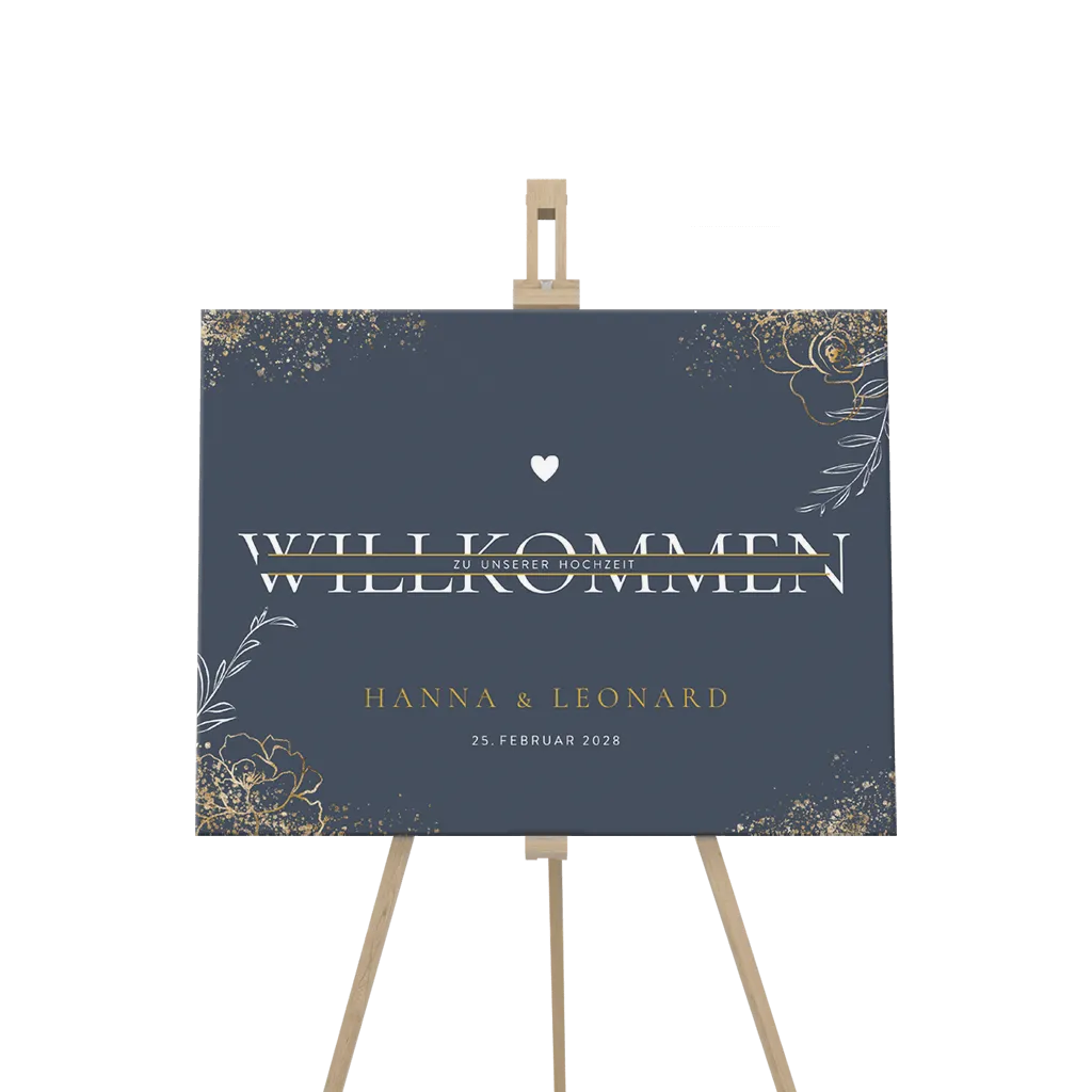 Dunkelblaues Willkommensschild mit goldenen Blumen