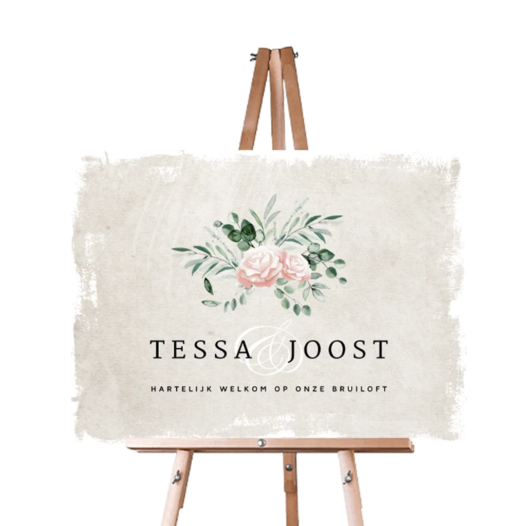 Vintage welkomstbord bruiloft met bloemen