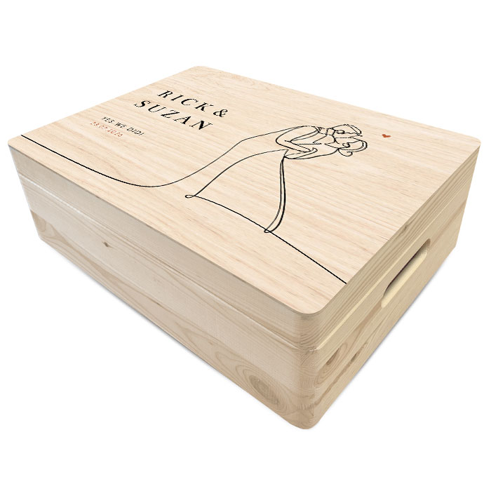 Houten bewaardoos bruiloft met lijntekening bruidspaar