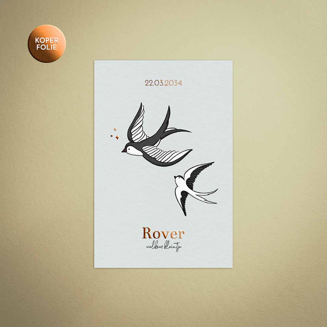 Hip geboortekaartje voor een jongen met zwaluwen