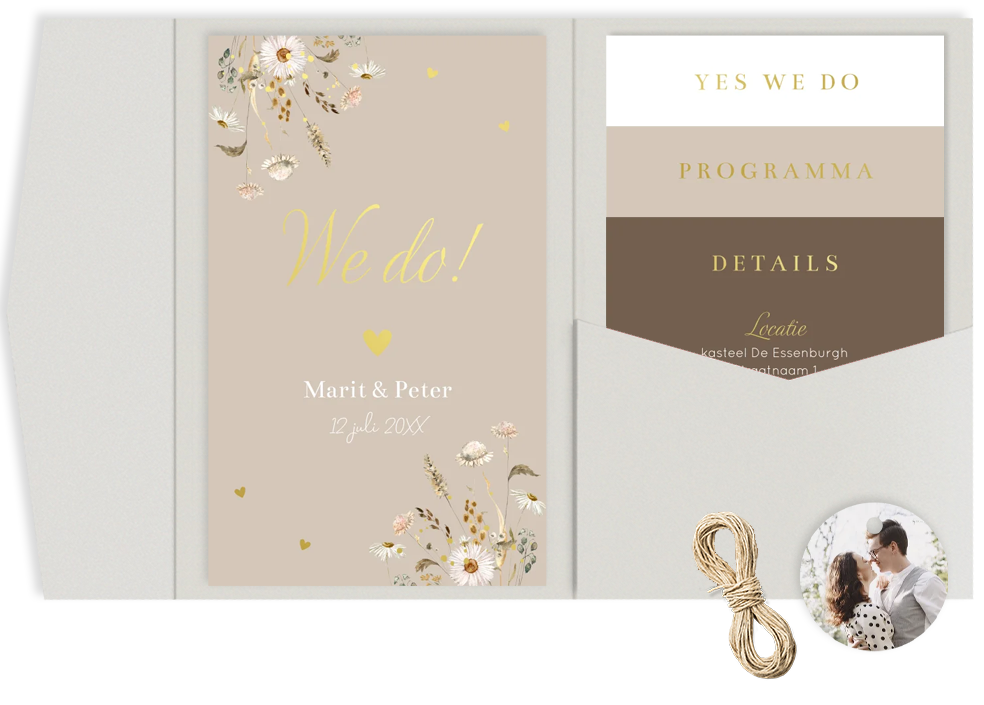 Pocketfold set trouwkaart beige veldbloemen goudfolie