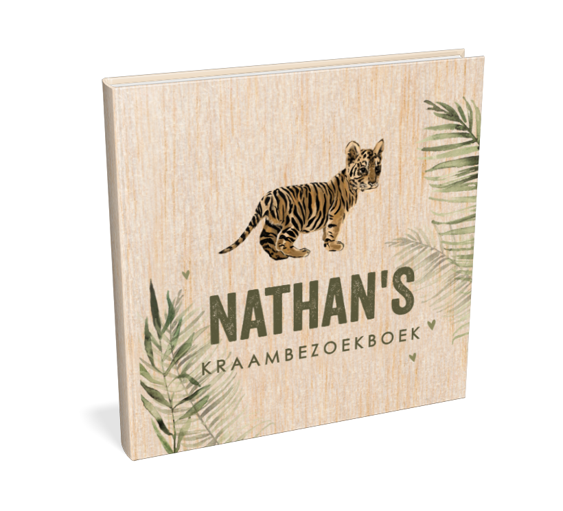 Stoer kraambezoekboek met tijger tussen palmbladeren