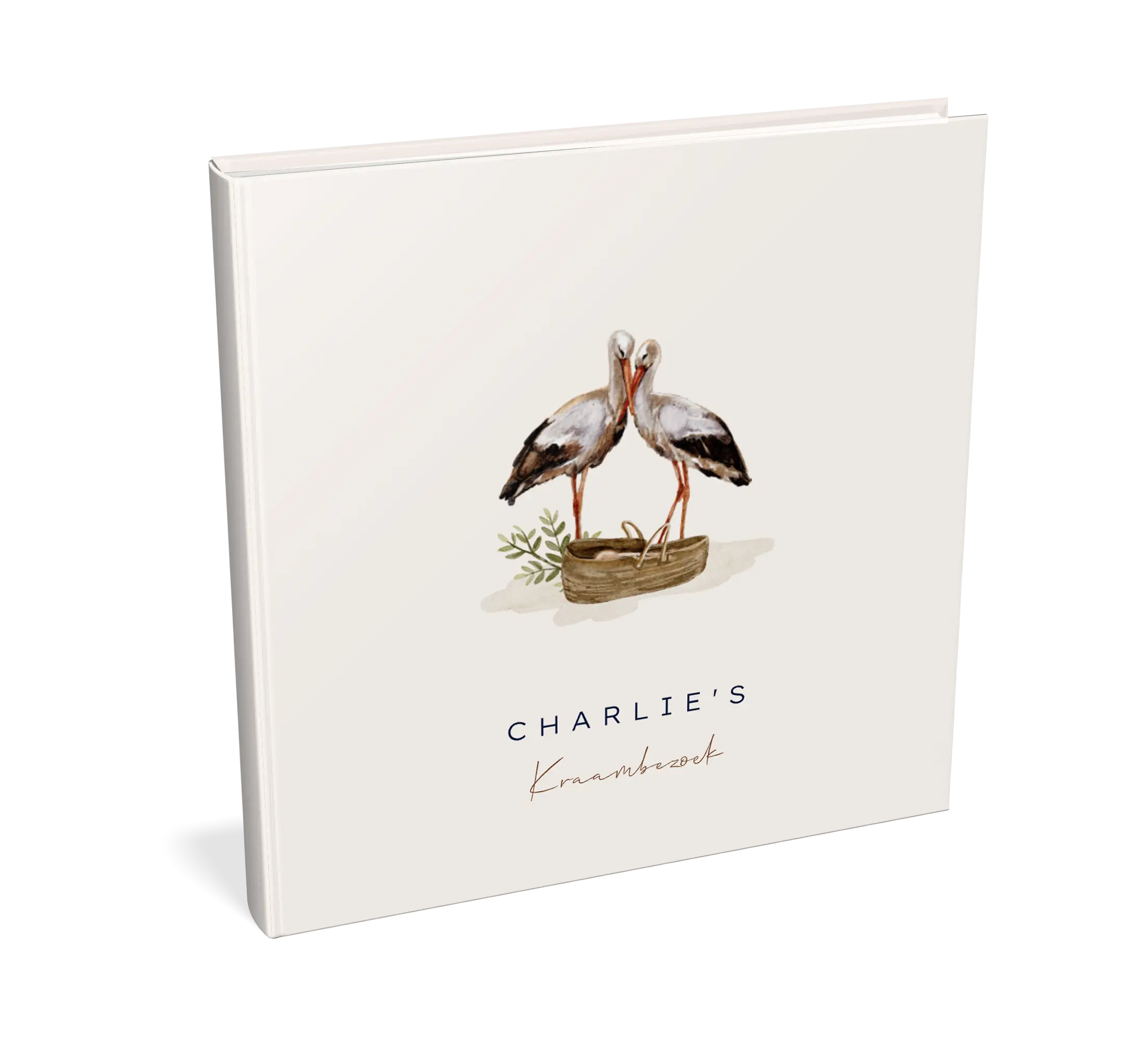Kraambezoekboek beige met ooievaars en mandje - met invulpagina's