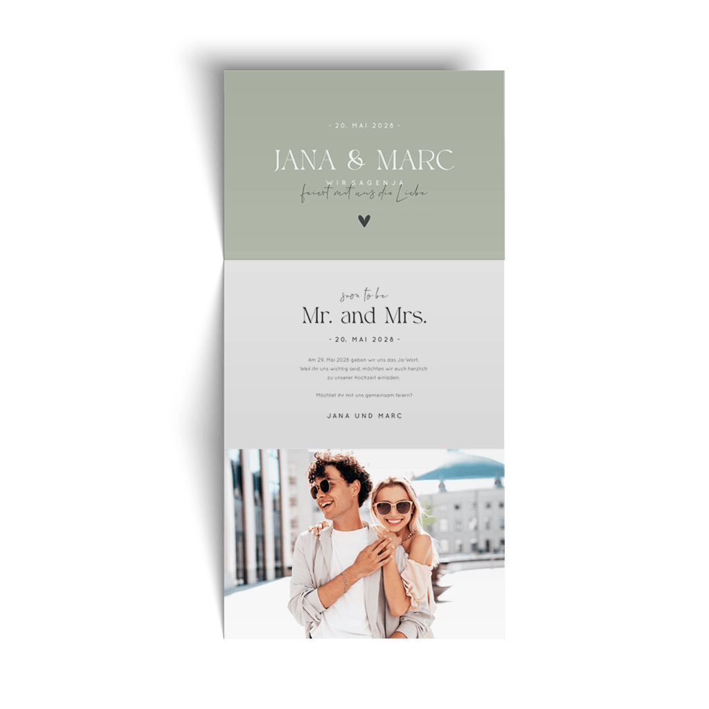 Moderne Hochzeitseinladung Doppel-Klappkarte in Grün und Weiß mit Foto