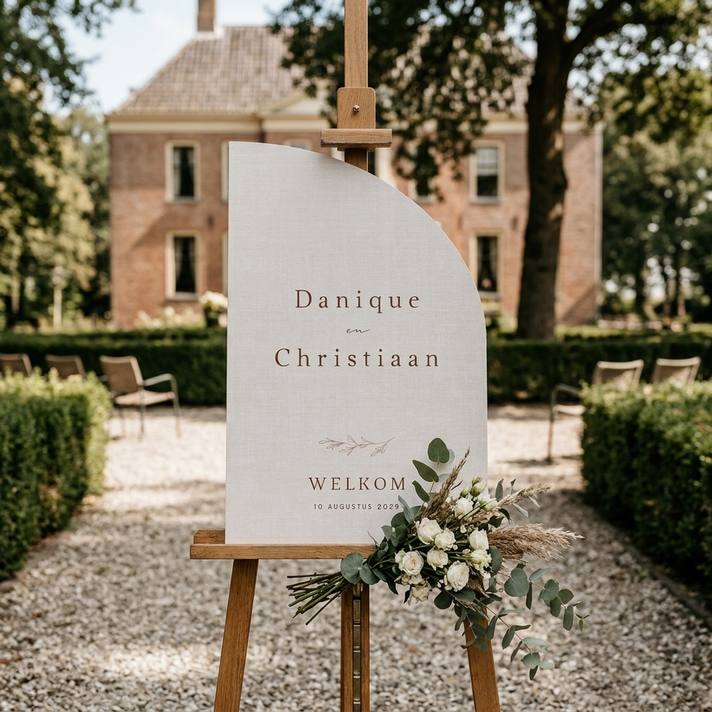 Welkomstbord bruiloft halve boog linnen look