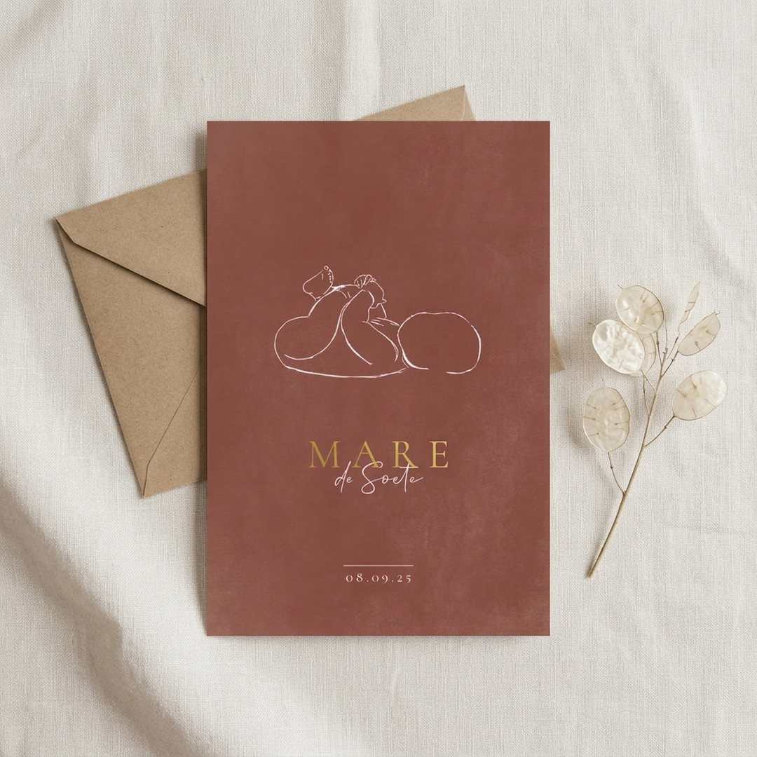 Geboortekaartje schets baby illustratie goudfolie