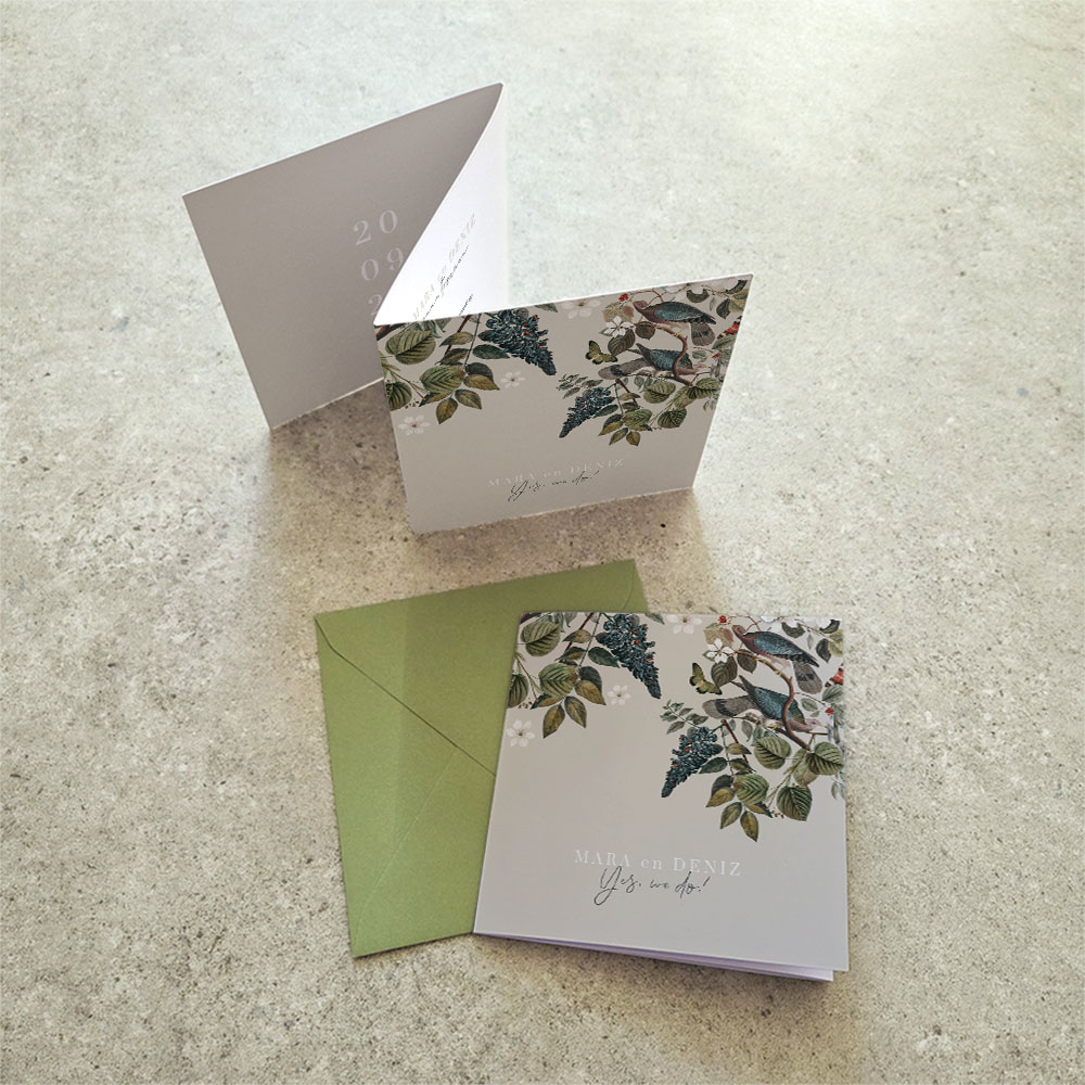 Botanical zigzag trouwkaart met vogels