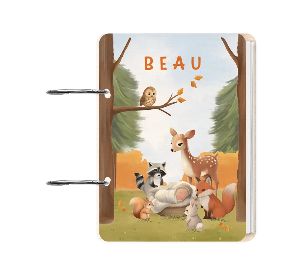 Houten bewaarbundel herfst met bosdieren en blauwe lucht