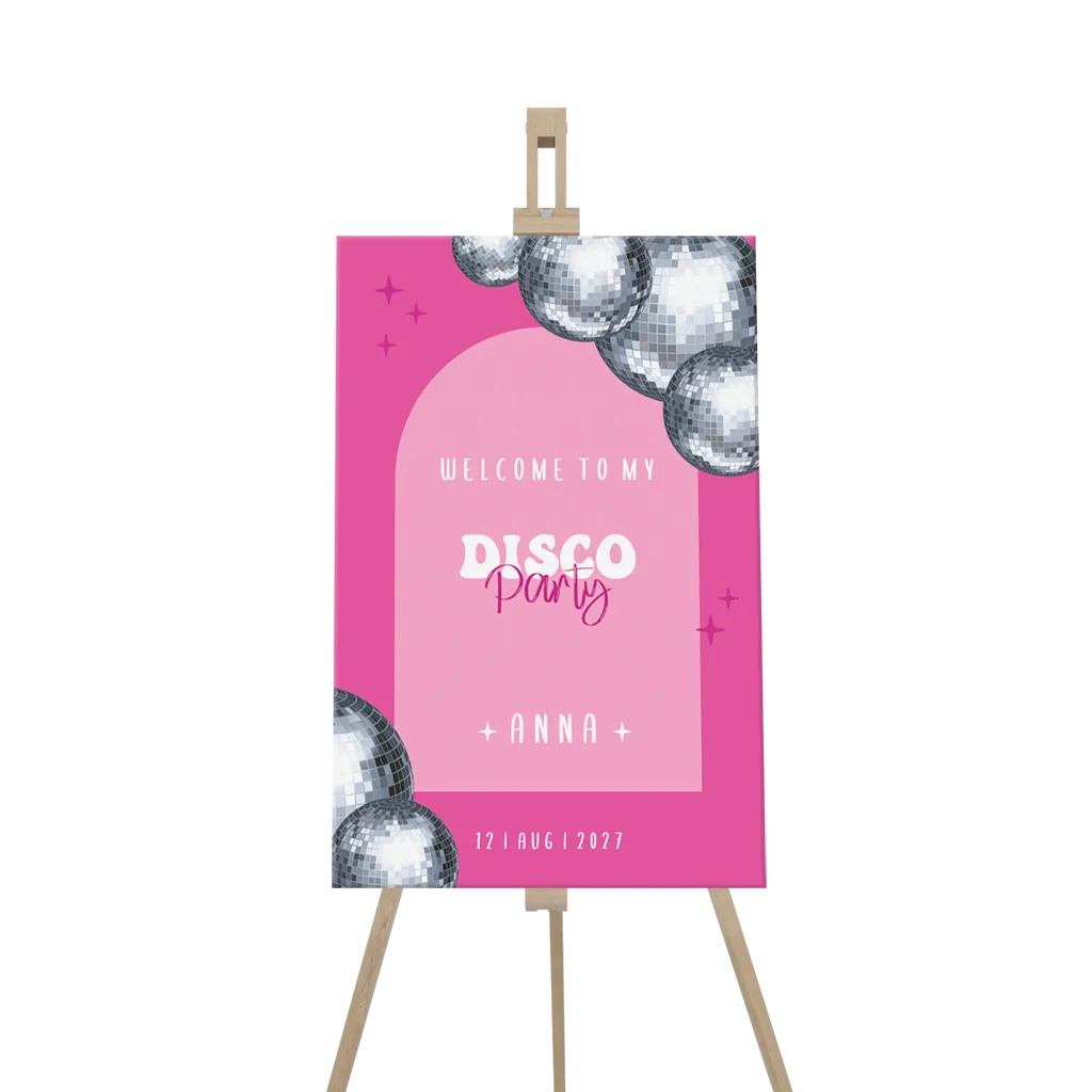 Willkommensschild zur Disco-Party in rosa