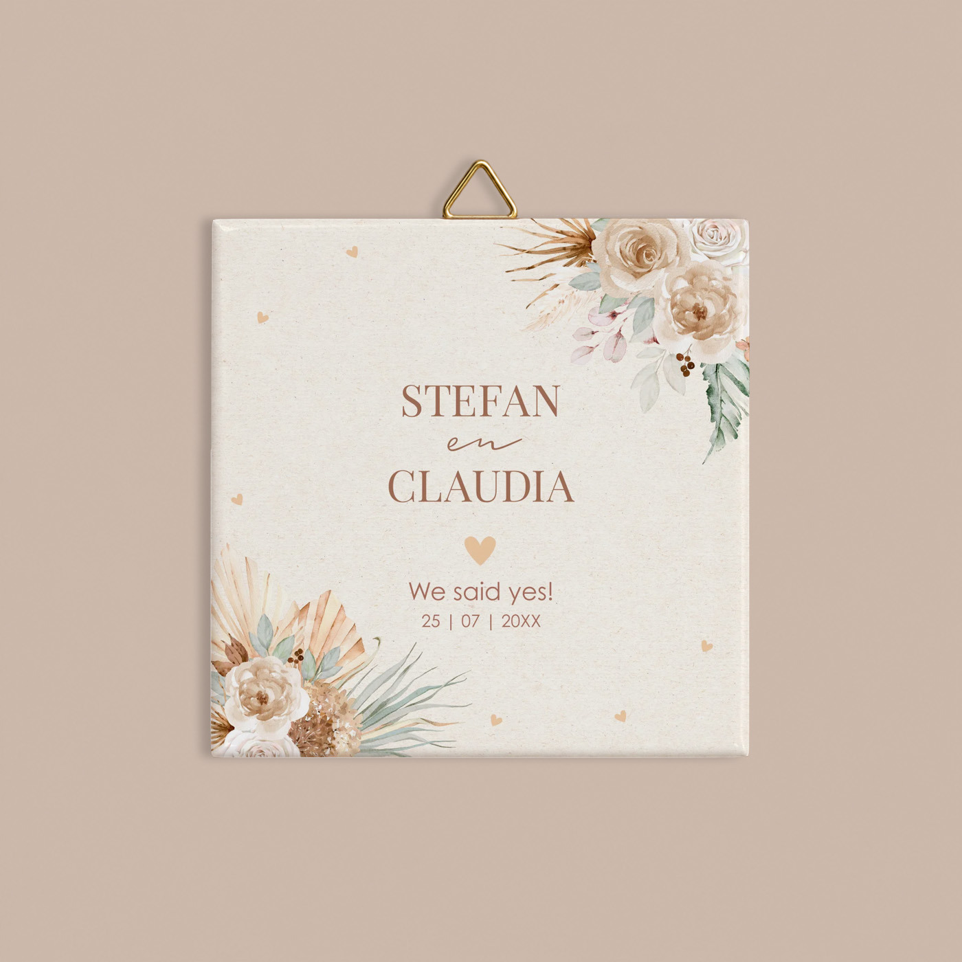Tegeltje bruiloft bohemian bloemen beige eigen tekst