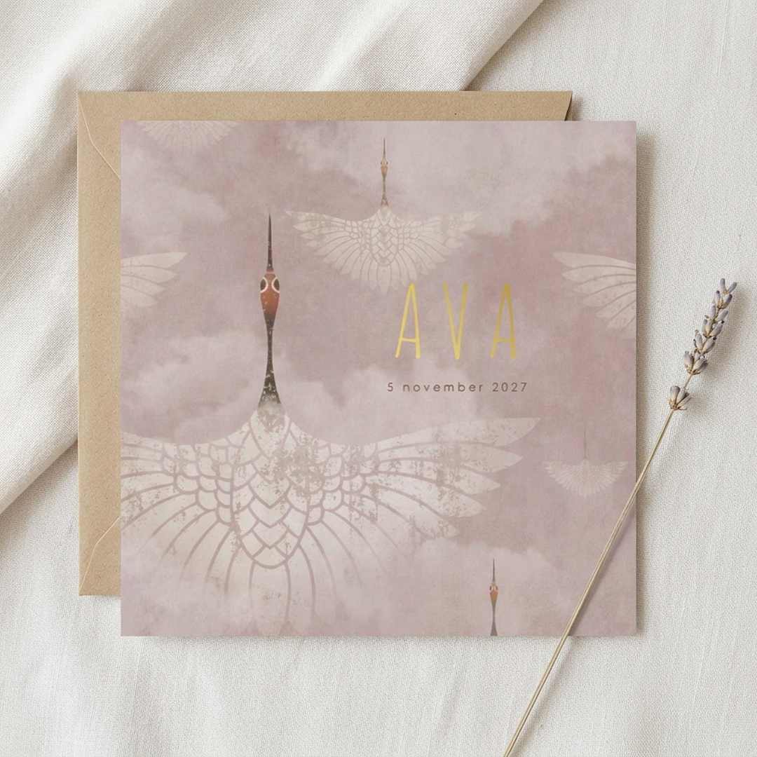 Geboortekaartje vogel patroon roze