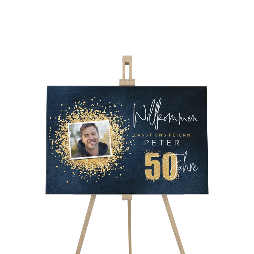 Willkommensschild mit Foto und Gold-Look