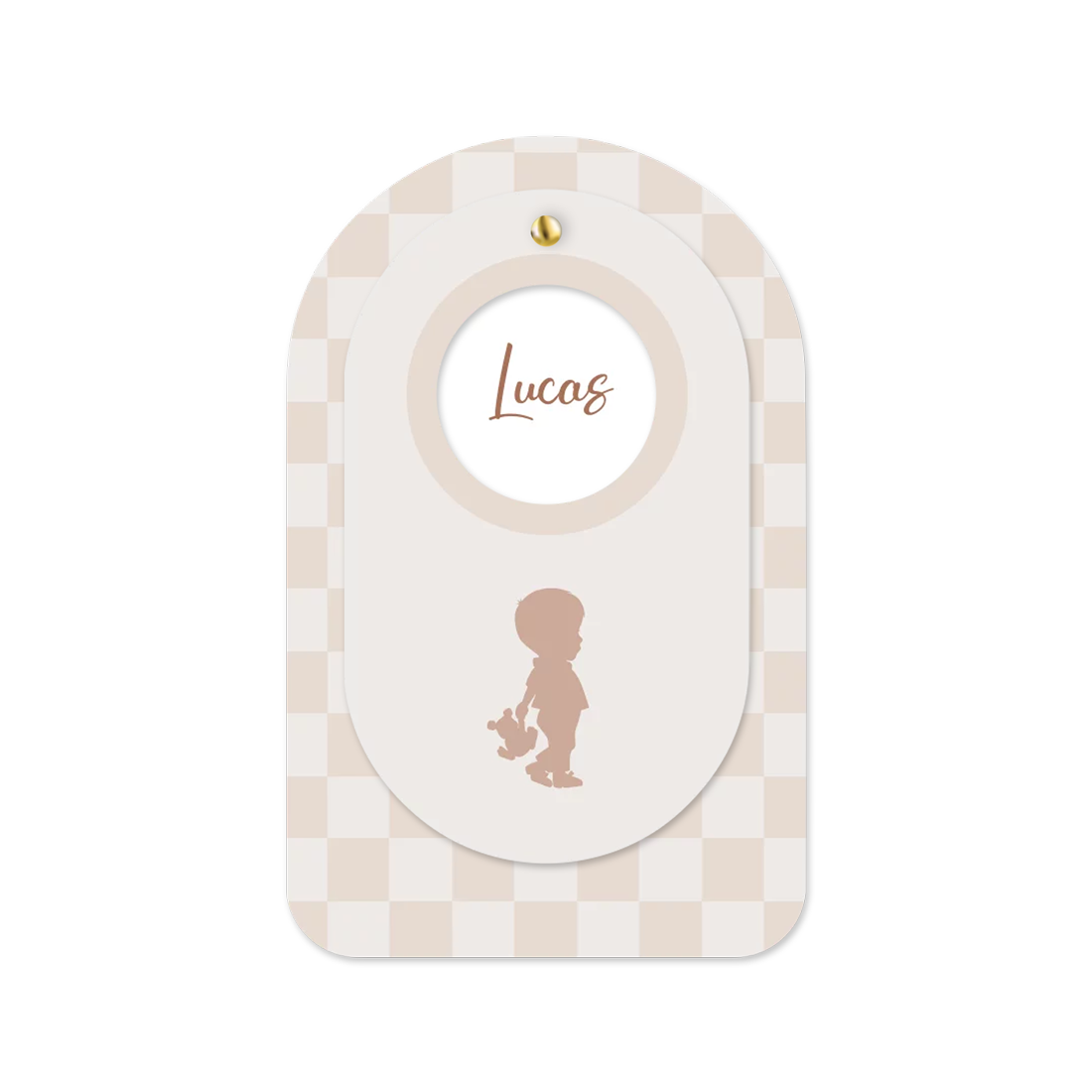 Lief label geboortekaartje met beige ruitjespatroon en silhouetje