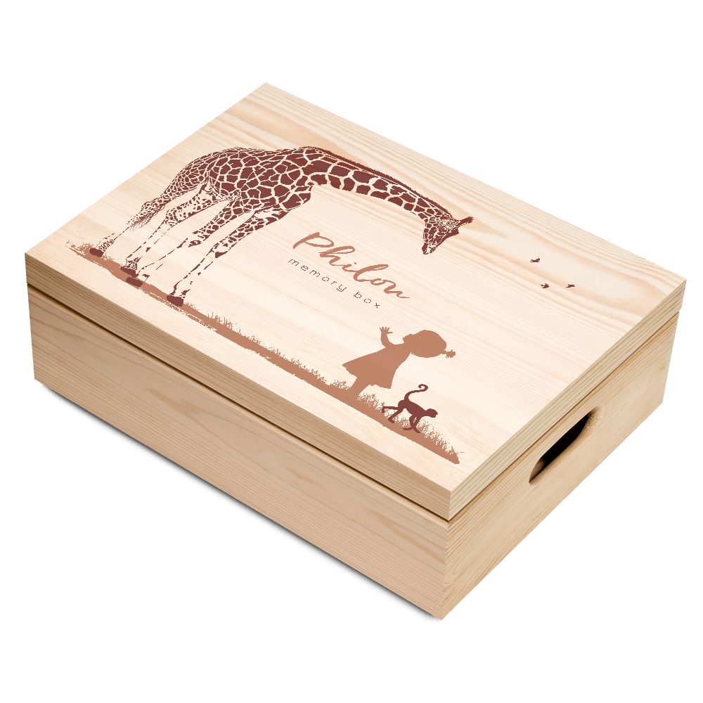 Silhouet meisje met giraf memory box van hout