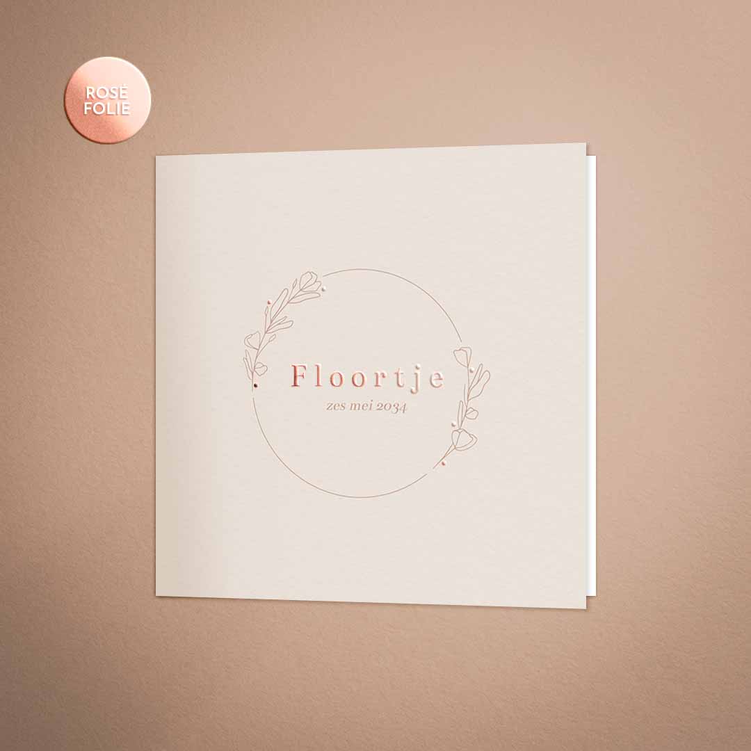 Minimalistisch geboortekaartje met bloemetjes en stipjes van roségoud