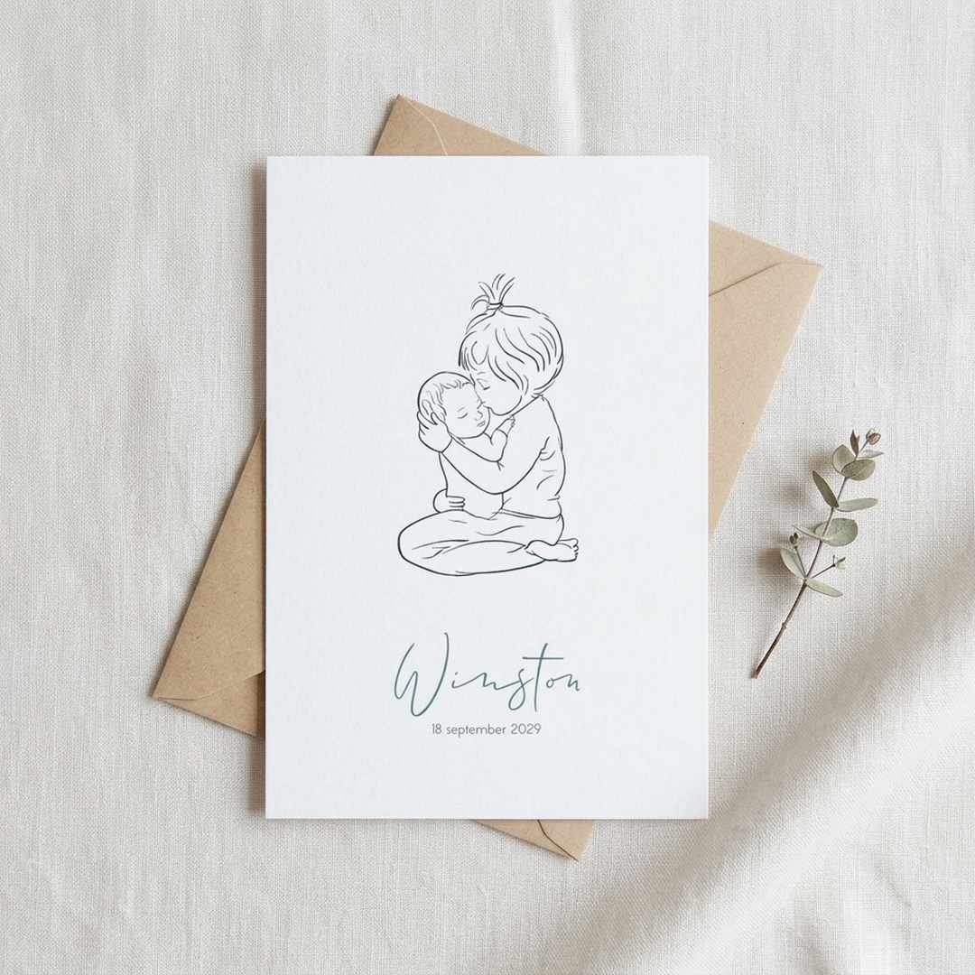 Geboortekaartje jongen lijntekening peuter zus met baby broertje