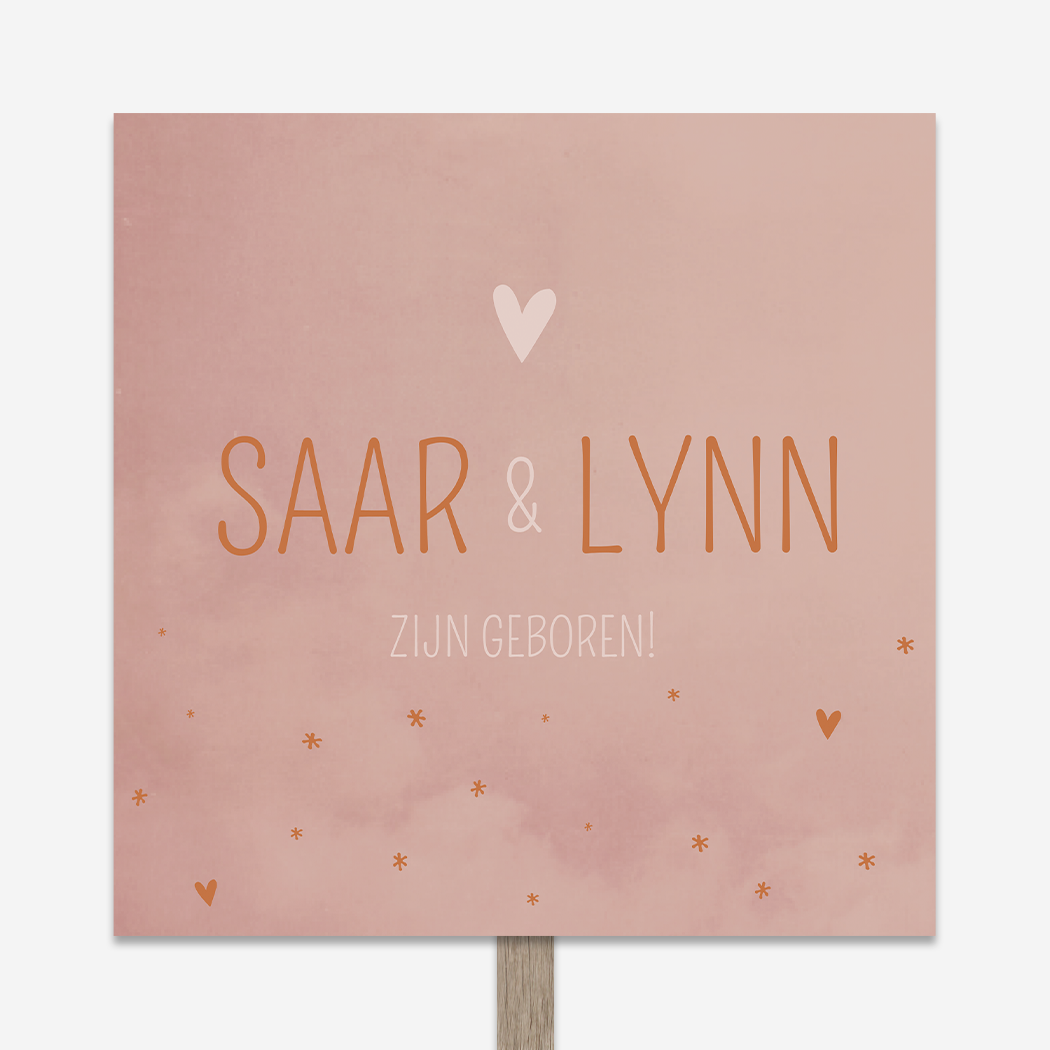 Geboortebord Tuin Tweeling Roze Hartjes