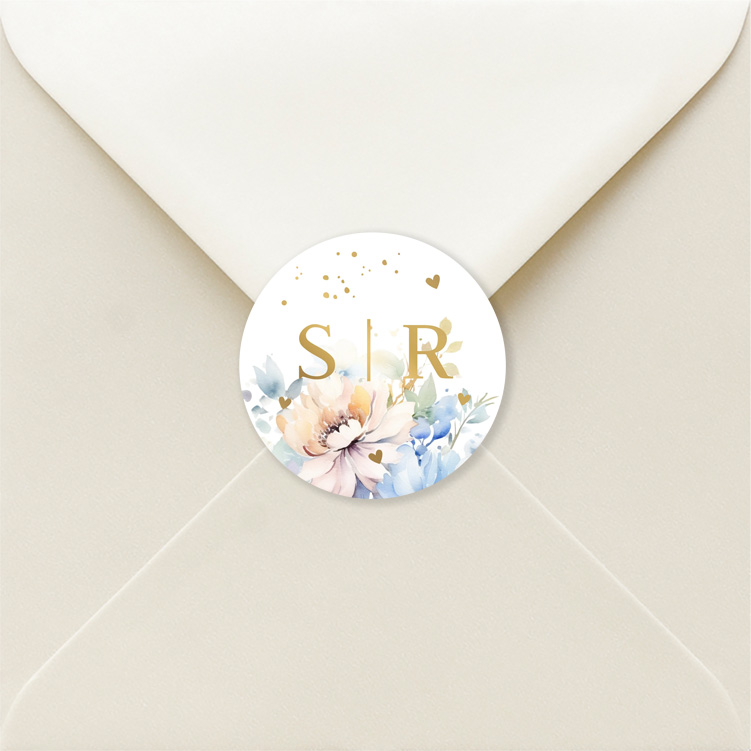 Sluitstickers blauw peach bloemen watercolor goudfolie