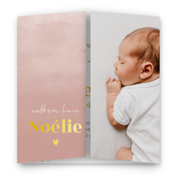 Geboortekaartje meisje | Luikvouw, oudroze watercolor & goudfolie