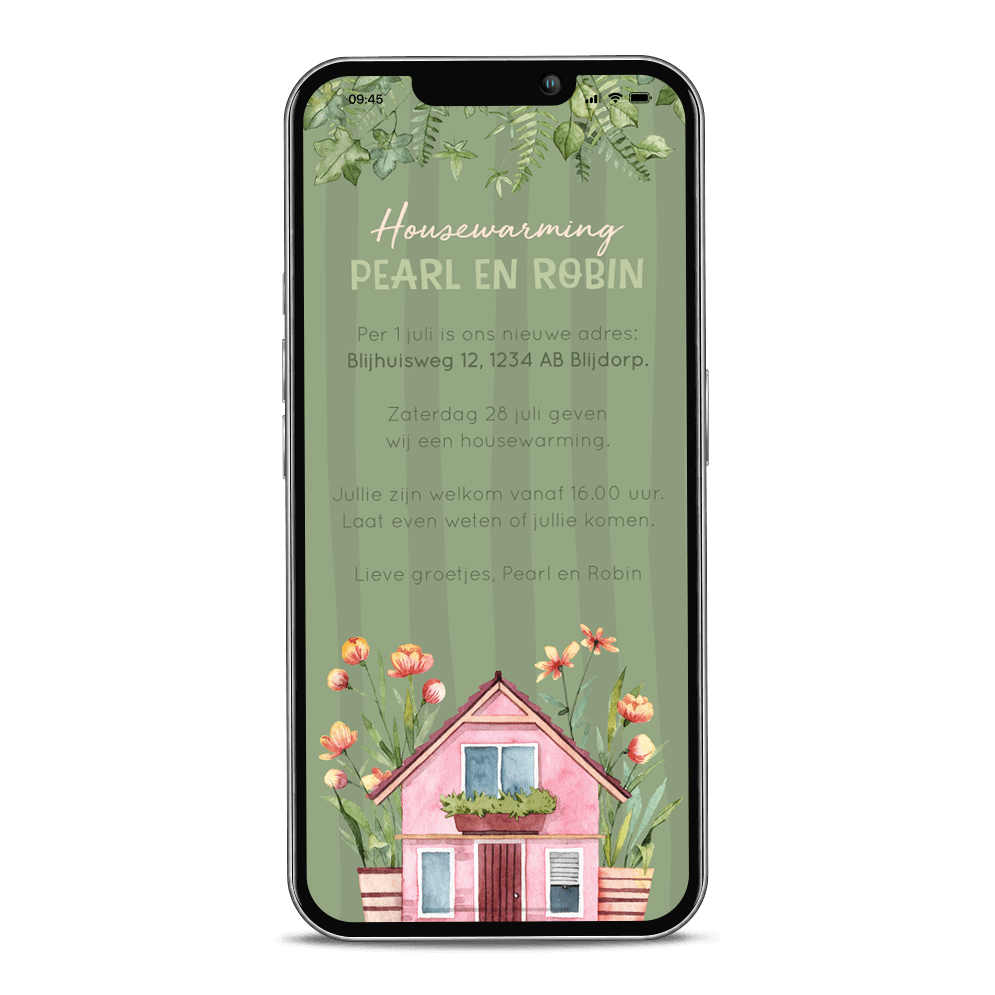 Housewarming uitnodiging digitaal met huisje met bloemen en planten
