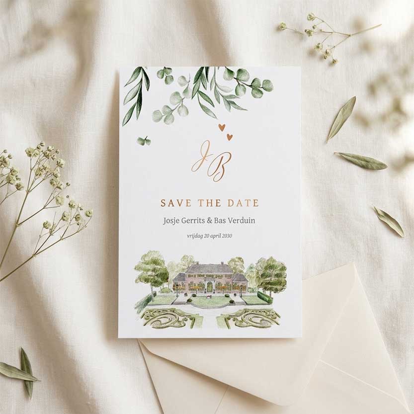 Save the Date Dudok In Het Park met blaadjes en koperfolie