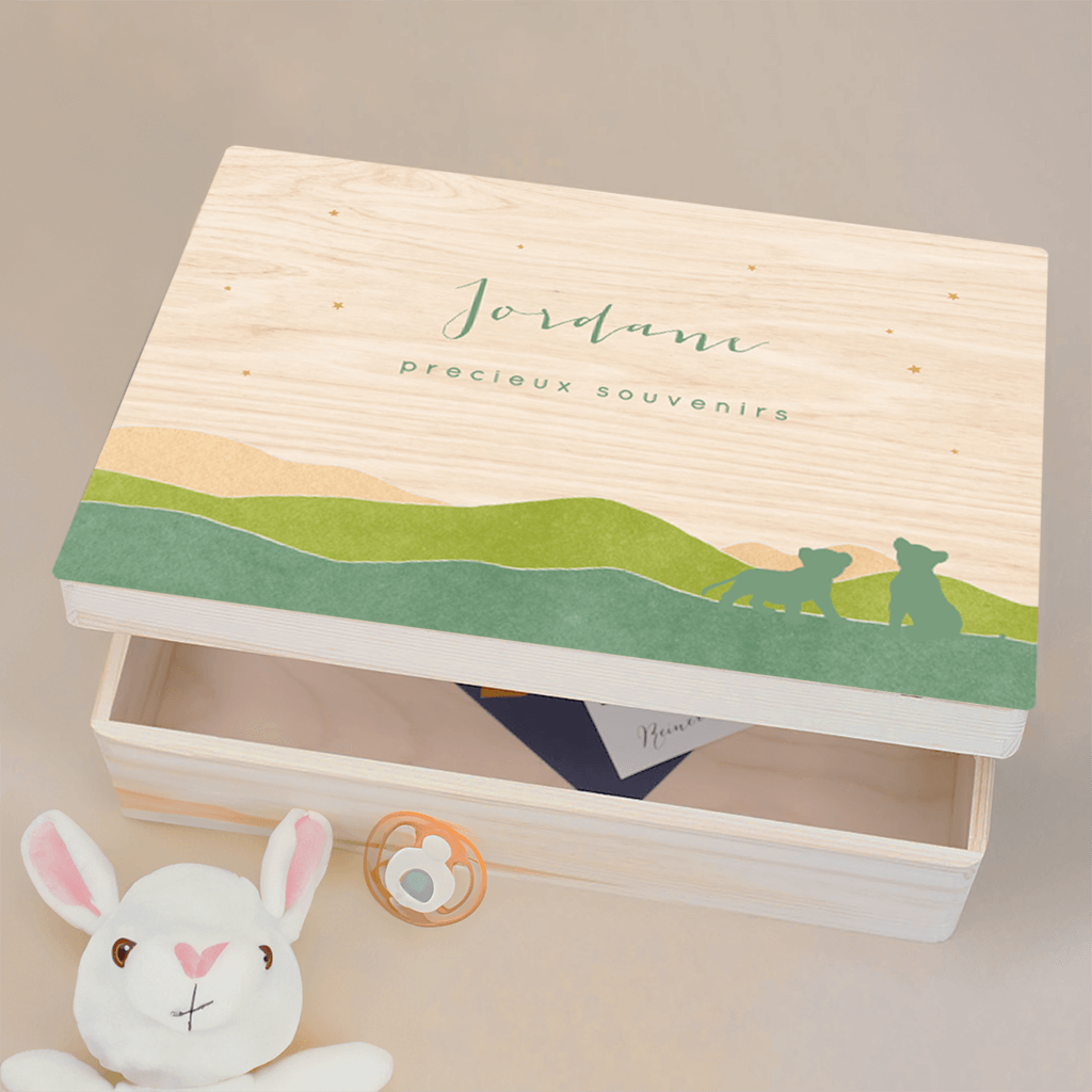 Boîte à souvenirs avec lionceaux et paysage vallonné