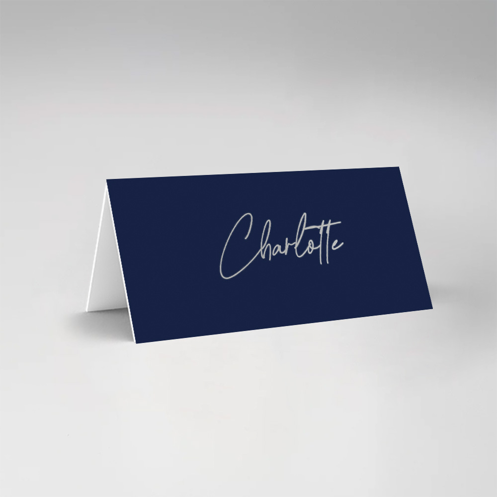 Bruiloft naamkaartjes dubbel gevouwen stijlvol donkerblauw zilverfolie