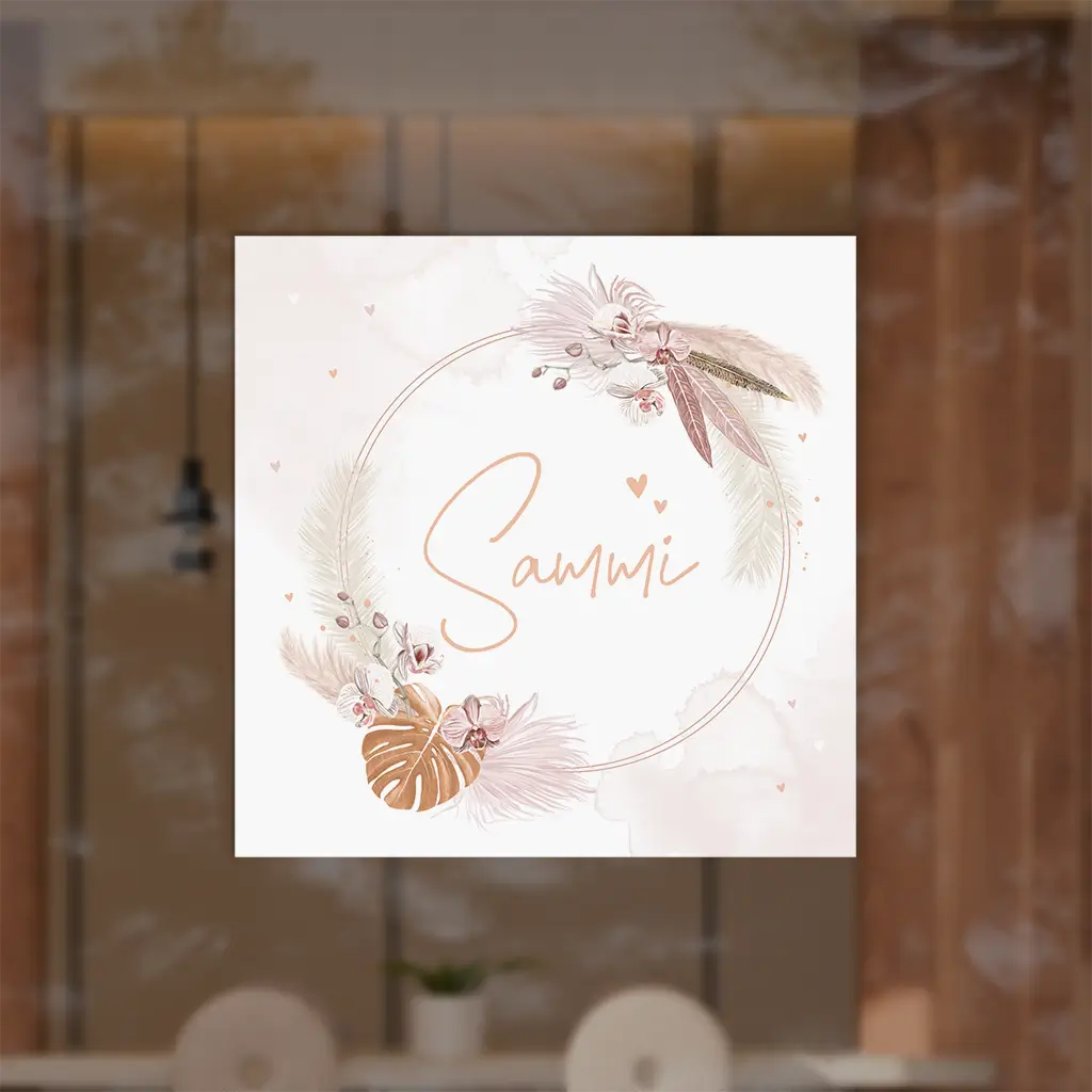 Raamsticker met bloemenkrans op roze watercolour