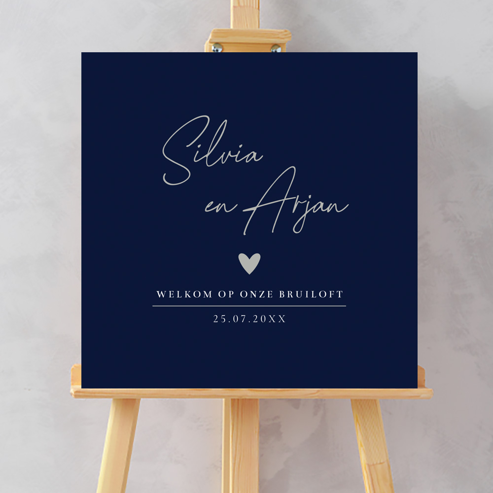 Bruiloftsbord donkerblauw stijlvol hartje welkom